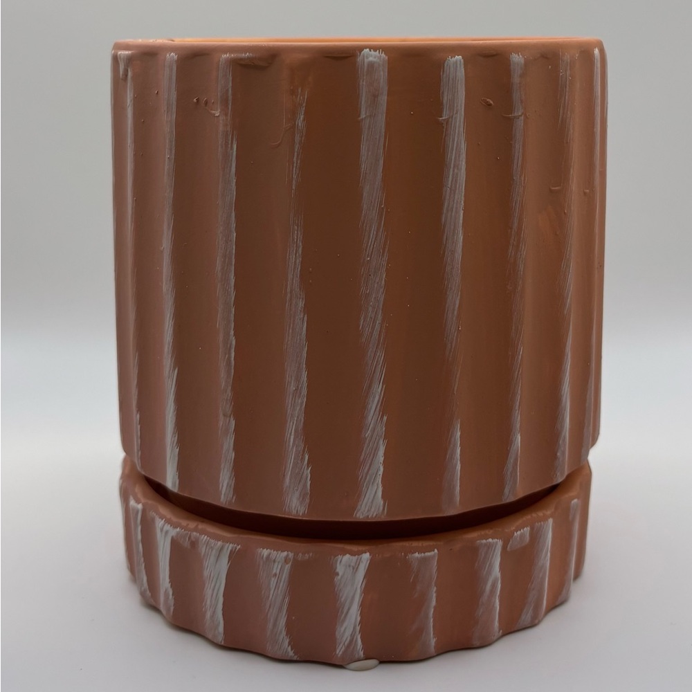 Terracotta Clay Pot 4” Planter White Stripes Ribbed Textured